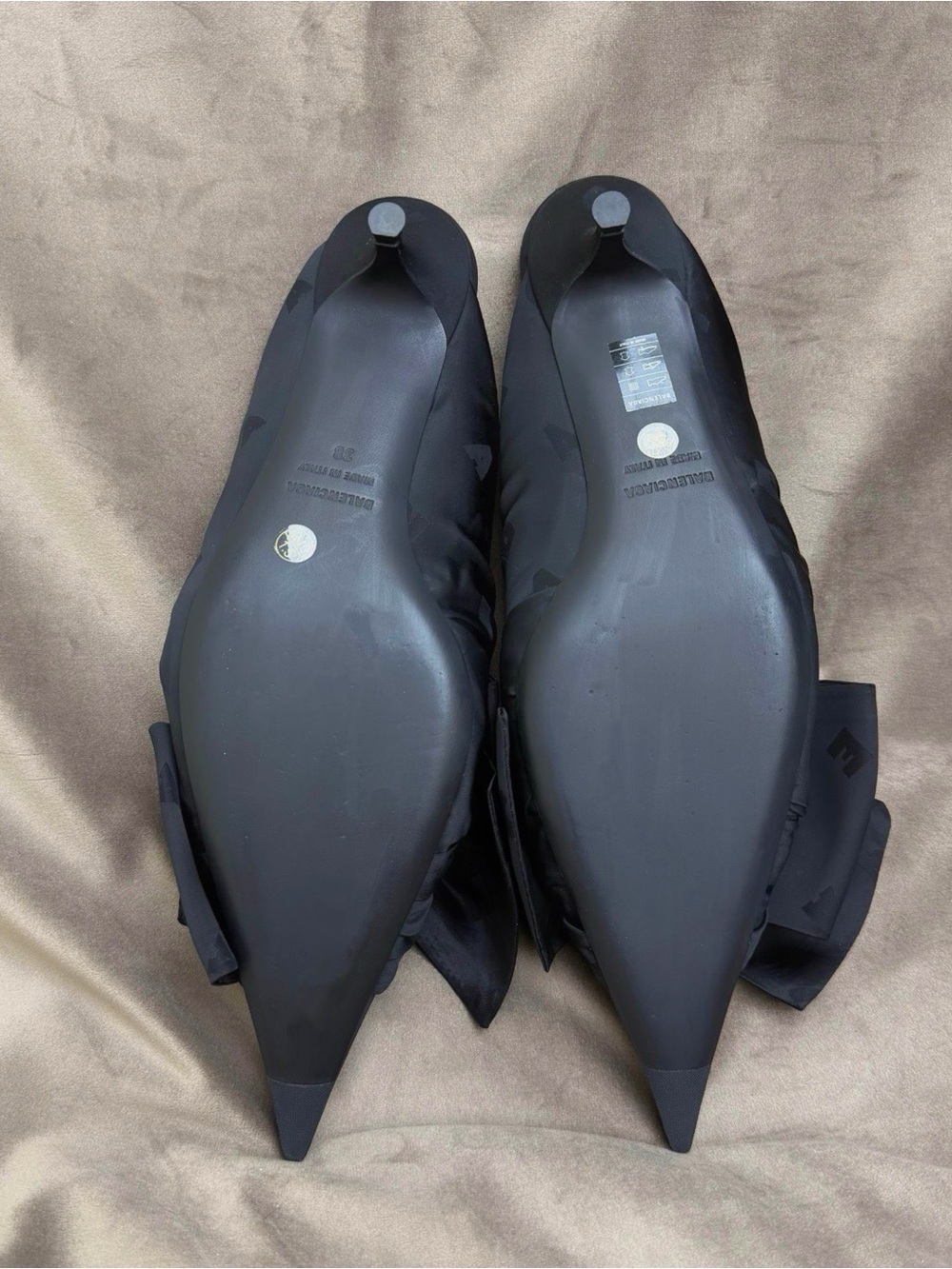 Balenciaga Black Satin Bow Pointed Slingback Heels - Picture 5 of 6